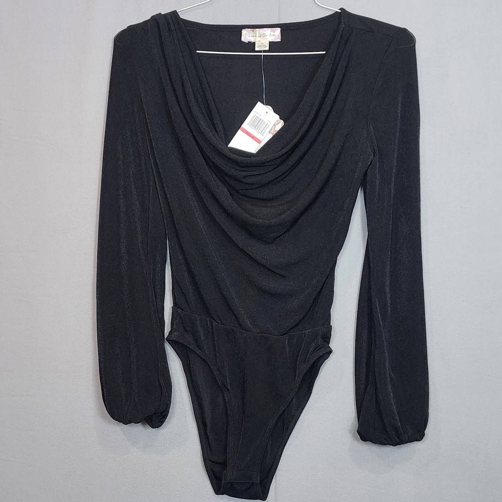 Land of the Free Bodysuit Black Cowl‎ Neck Shimmer Bishop Sleeve Womens XS NEW